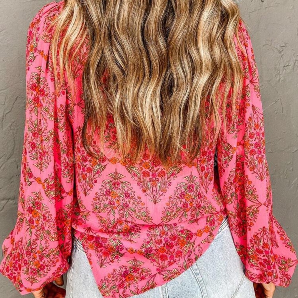 Floral Pink Button-Up Women's Top - Picture 6 of 6